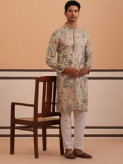 Botanical Embroidered Cotton Blend Kurta Set for Men (65KP P 5344 Beige ) [FF] [Q-4]