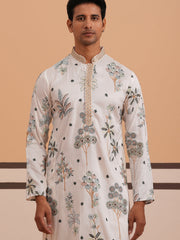 Botanical Embroidered Cotton Blend Kurta Set for Men (65KP P 5344 White ) [FF] [Q-4]