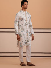 Botanical Embroidered Cotton Blend Kurta Set for Men (65KP P 5344 White ) [FF] [Q-4]