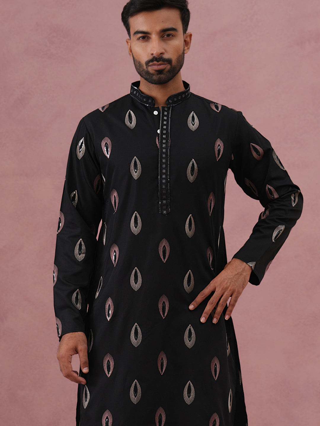 DesiQlo Men Embroidered Kurta Pyjama Set - Black - 65KP_P_5346Black_S