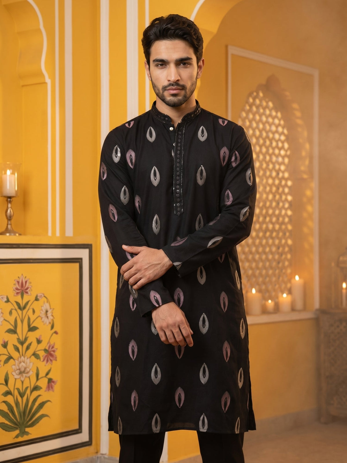 Festive Silk Blend Embroidered Kurta Set ( 65KP B-P 5346Black )