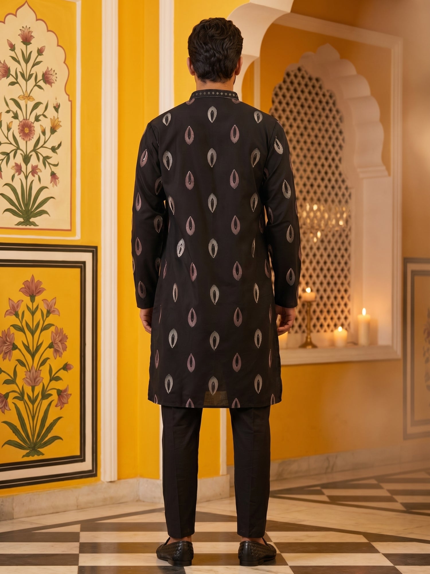 DesiQlo Men Embroidered Kurta Pyjama Set - Black - 65KP_B-P_5346Black_