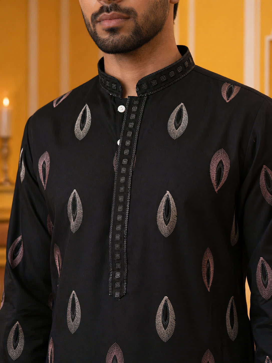 DesiQlo Men Embroidered Kurta Pyjama Set - Black - 65KP_B-P_5346Black_