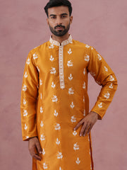 Men’s Embroidered Silk Blend Kurta Pyjama ( 65KP P 5347 P 5347Mustard ) [FF] [B-1-2]