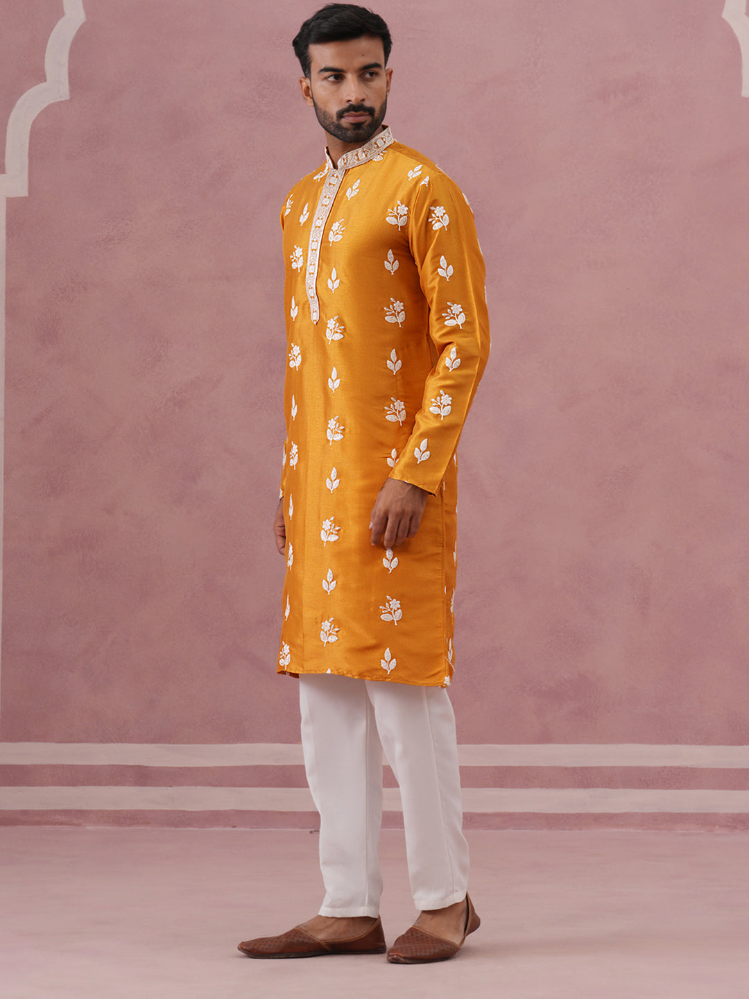 DesiQlo Men Embroidered Kurta Pyjama Set - Yellow - 65KP_P_5347Mustard