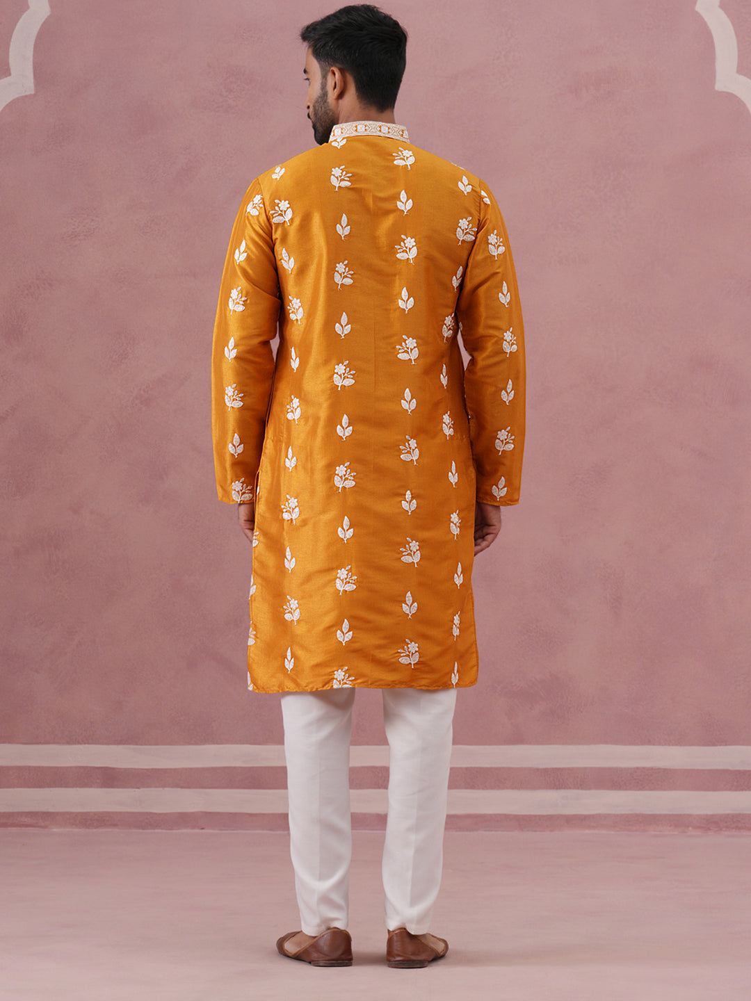 DesiQlo Men Embroidered Kurta Pyjama Set - Yellow - 65KP_P_5347Mustard