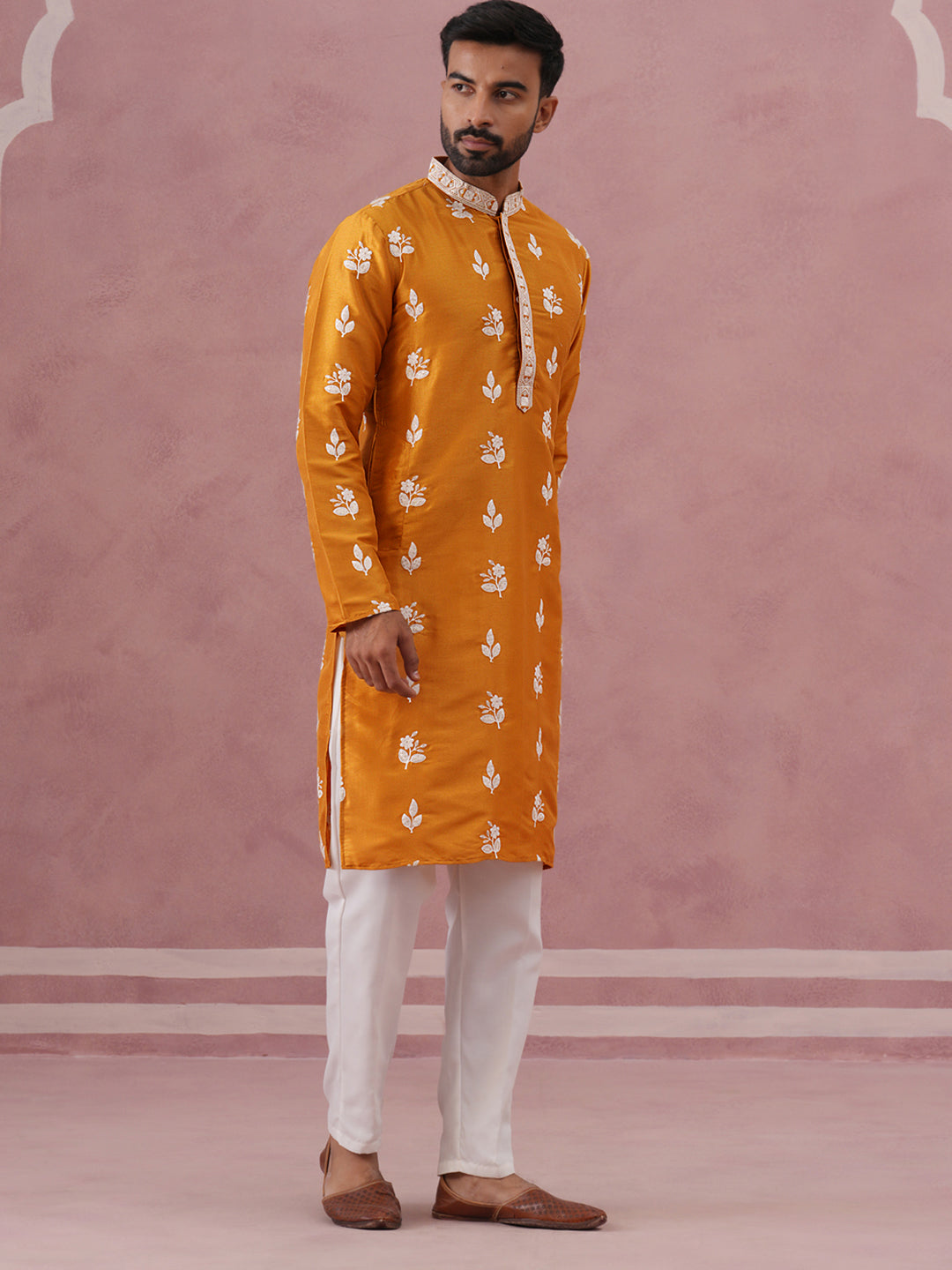 DesiQlo Men Embroidered Kurta Pyjama Set - Yellow - 65KP_P_5347Mustard