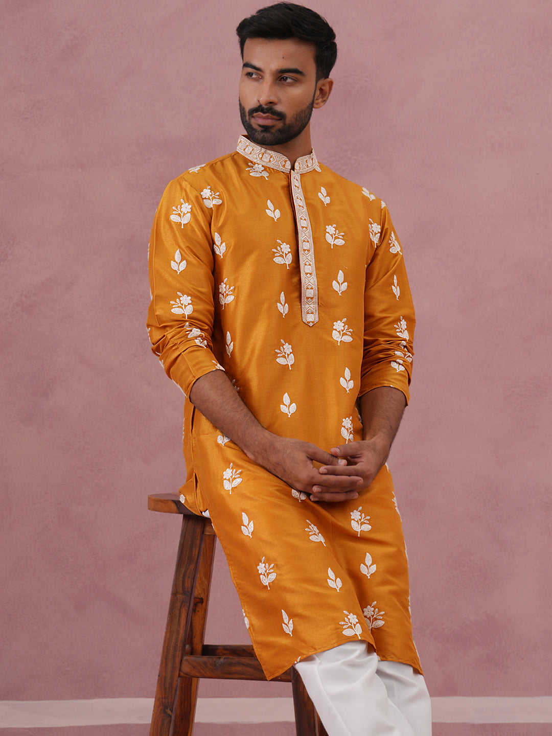 Men’s Embroidered Silk Blend Kurta Pyjama ( 65KP P 5347 P 5347Mustard ) [FF] [B-1-2]