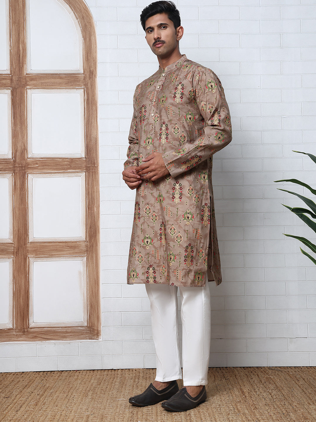 DesiQlo Men Printed Kurta Pyjama Set - Brown - 65KP_P_5348Brown_S