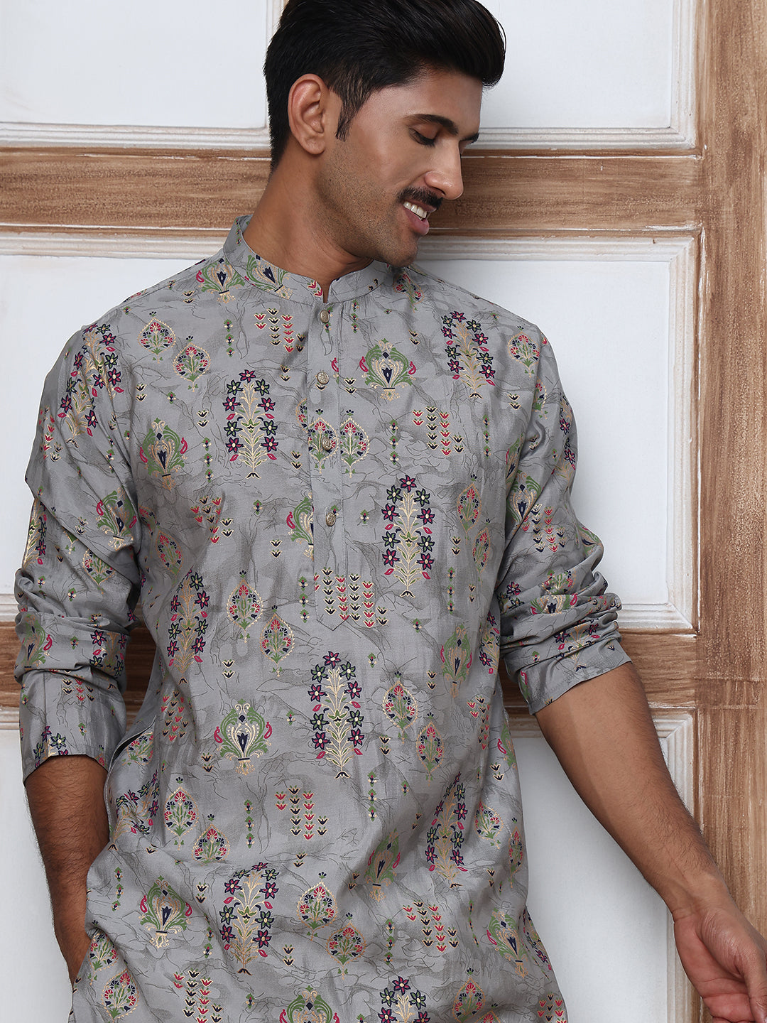 DesiQlo Men Printed Kurta Pyjama Set - Grey - 65KP_P_5348Grey_S