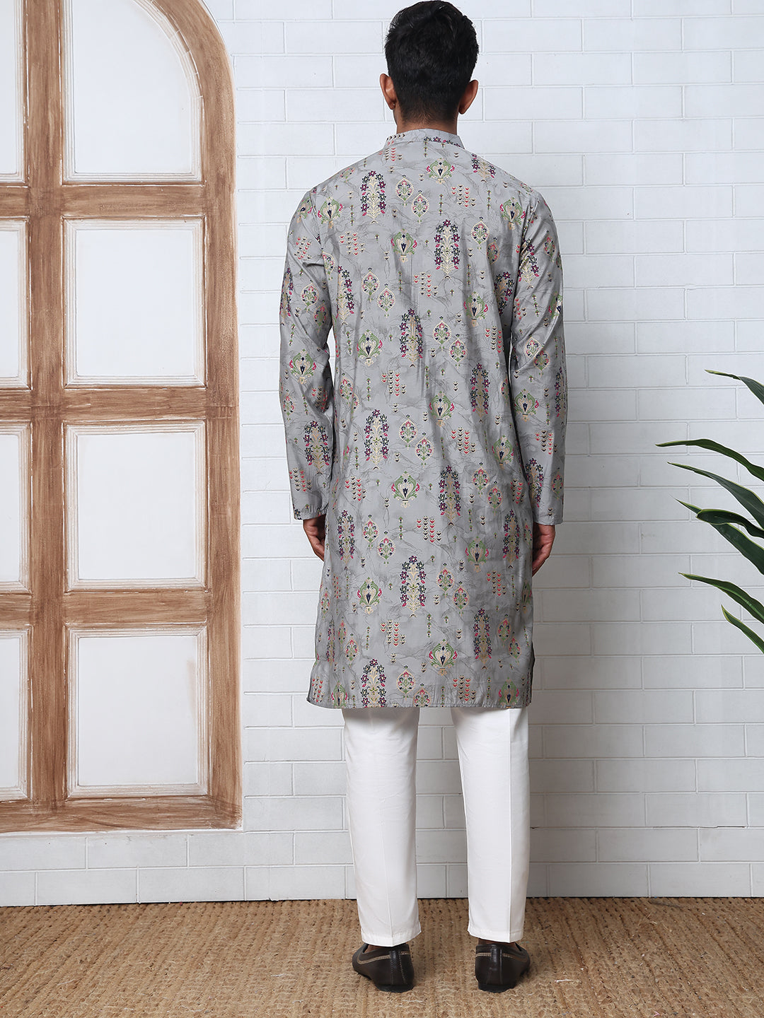 DesiQlo Men Printed Kurta Pyjama Set - Grey - 65KP_P_5348Grey_S