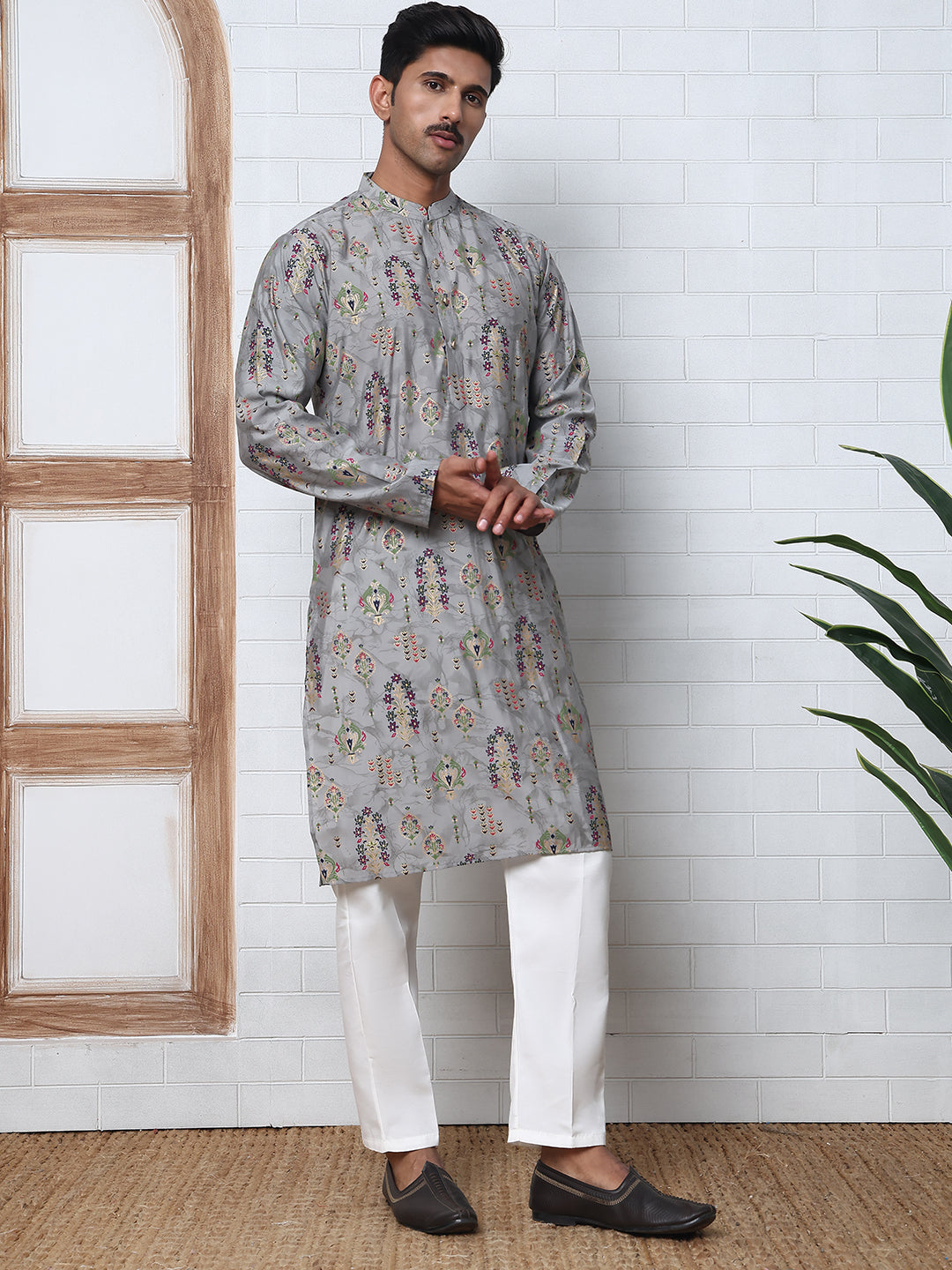 DesiQlo Men Printed Kurta Pyjama Set - Grey - 65KP_P_5348Grey_S
