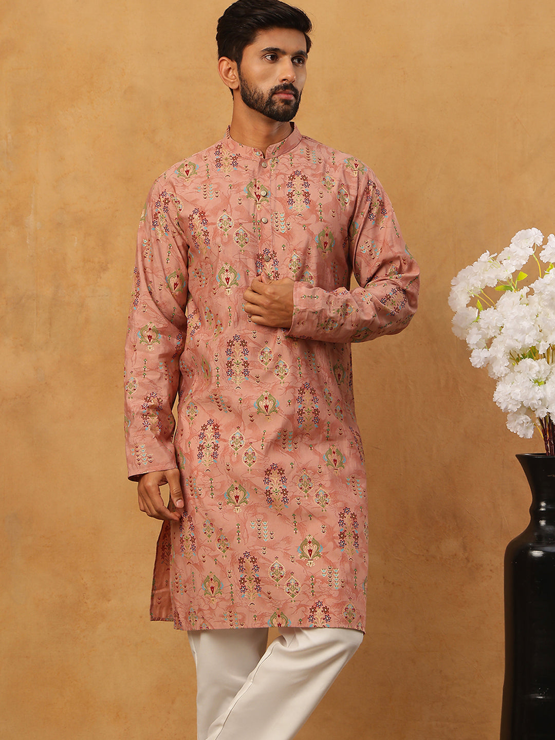 DesiQlo Men Floral Kurta Pyjama Set - Orange