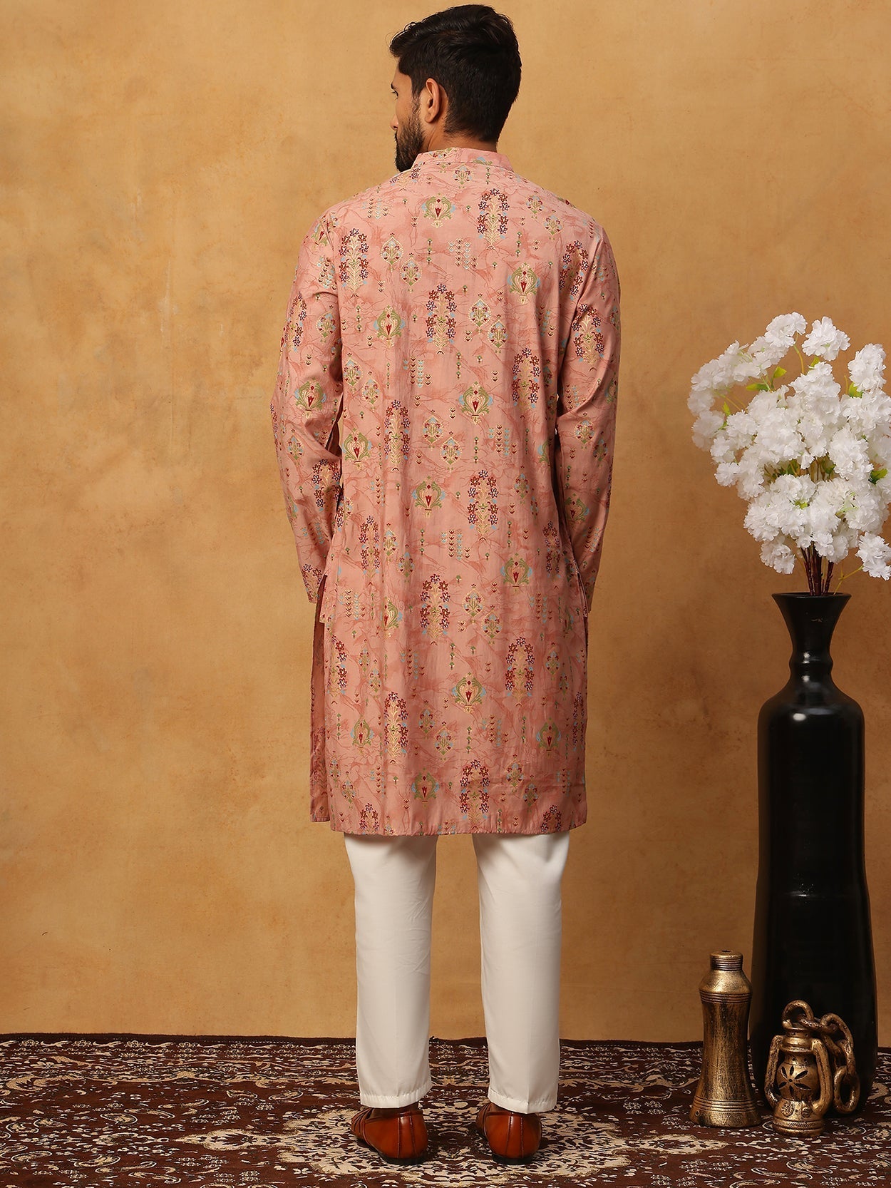 DesiQlo Men Floral Kurta Pyjama Set - Orange