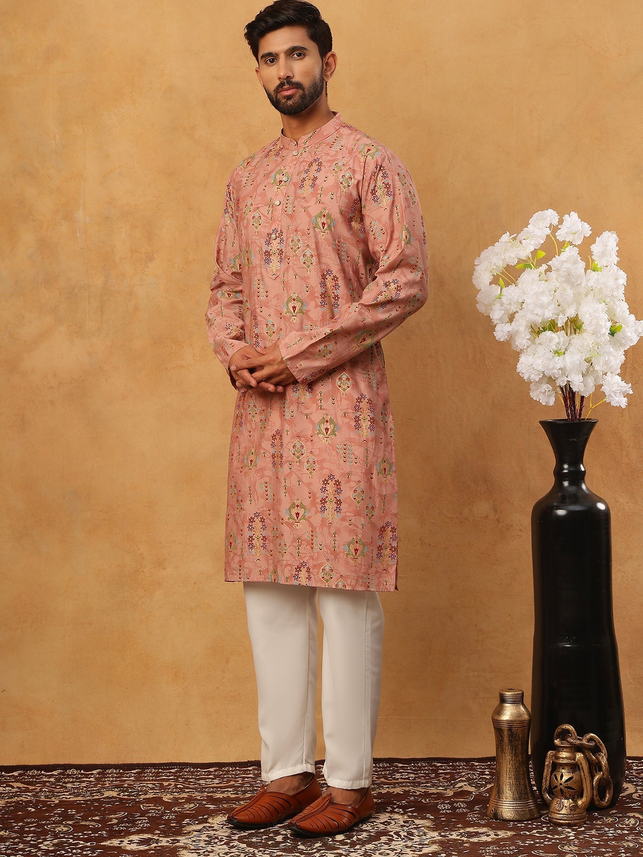 DesiQlo Men Floral Kurta Pyjama Set - Orange