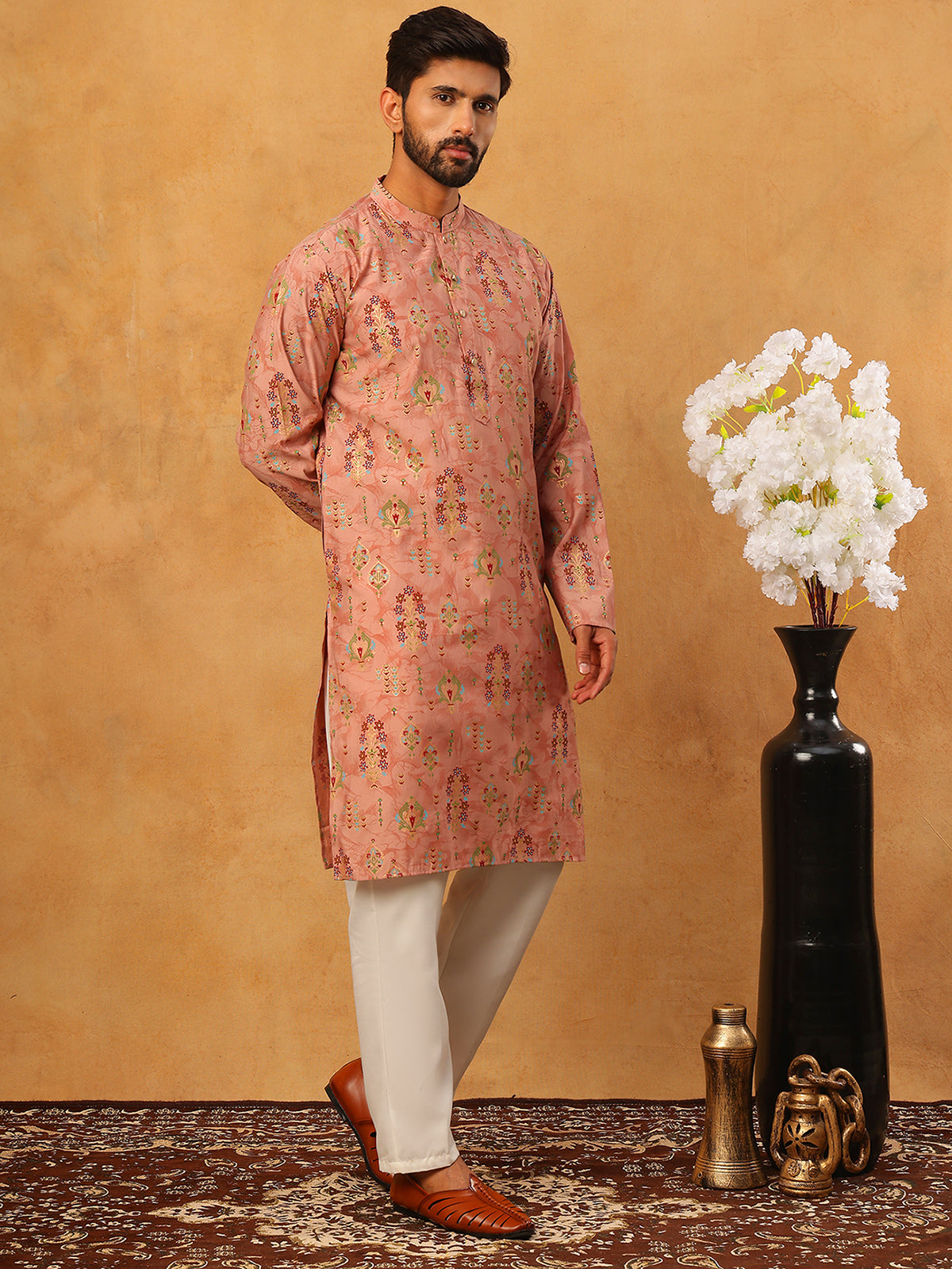 DesiQlo Men Floral Kurta Pyjama Set - Orange