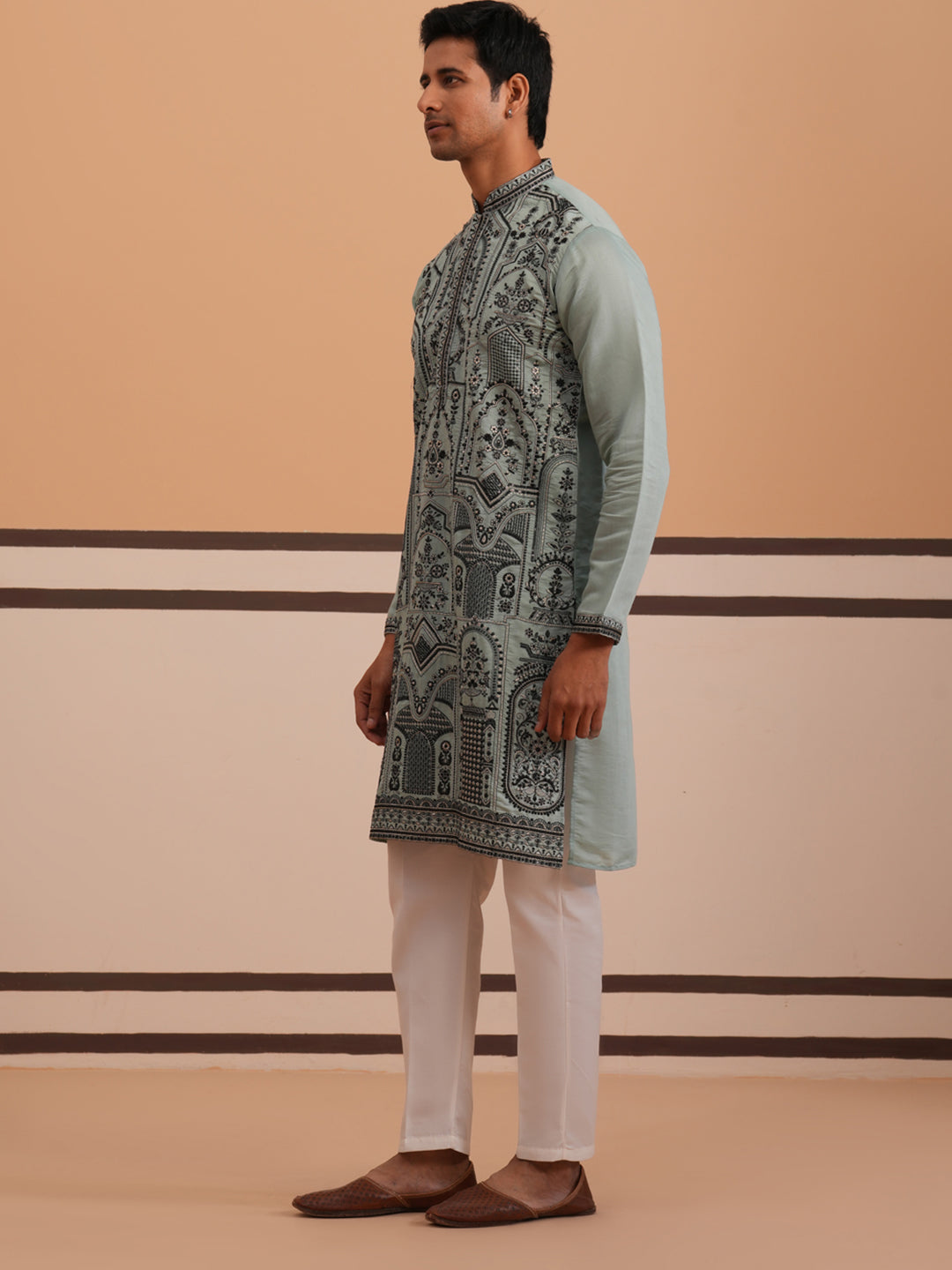 DesiQlo Men Embroidered Kurta Pyjama Set - Blue - 65KP_P_5350Blue_S