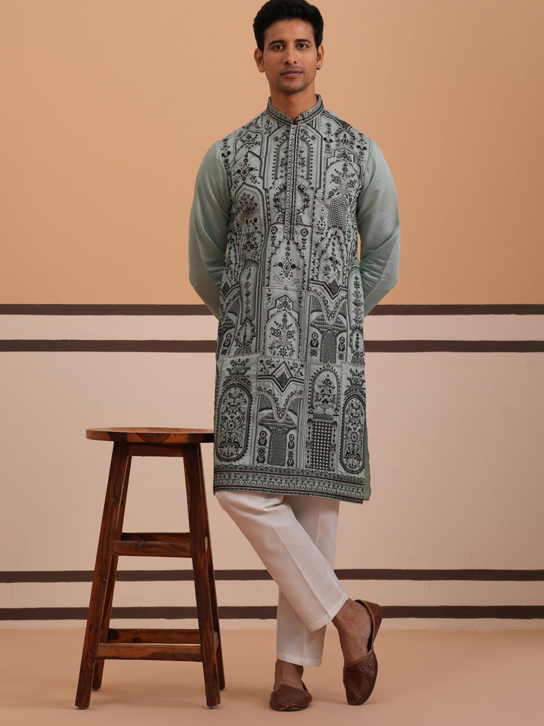 DesiQlo Men Embroidered Kurta Pyjama Set - Blue - 65KP_P_5350Blue_S