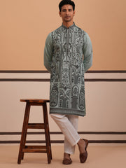 Men’s Silk Blend Embroidered Kurta Pyjama Set (65KP P 5350 Blue ) [FF] [A-1-4]