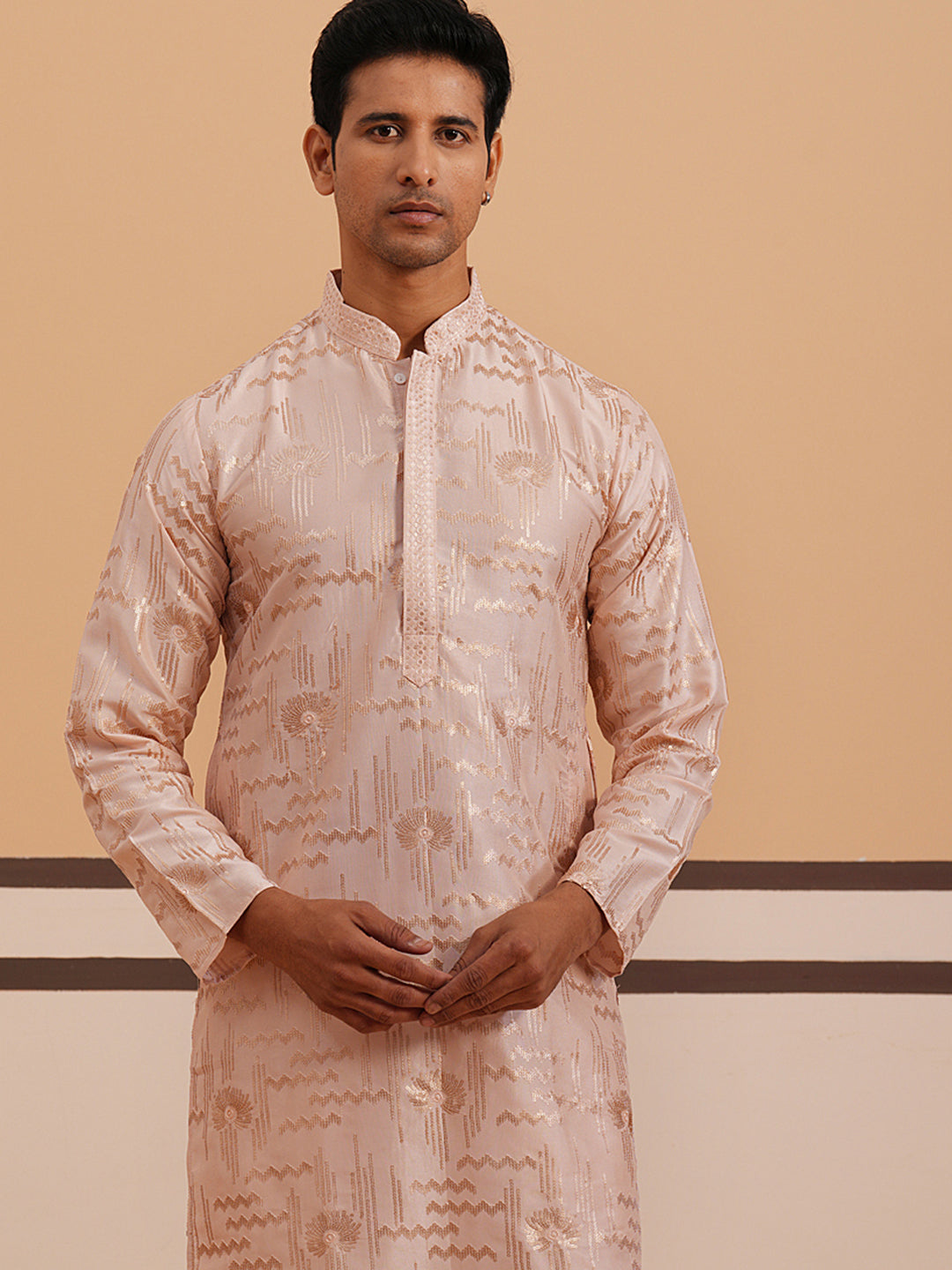 DesiQlo Men Embroidered Kurta Pyjama Set - Orange - 65KP_P_5351Peach_S