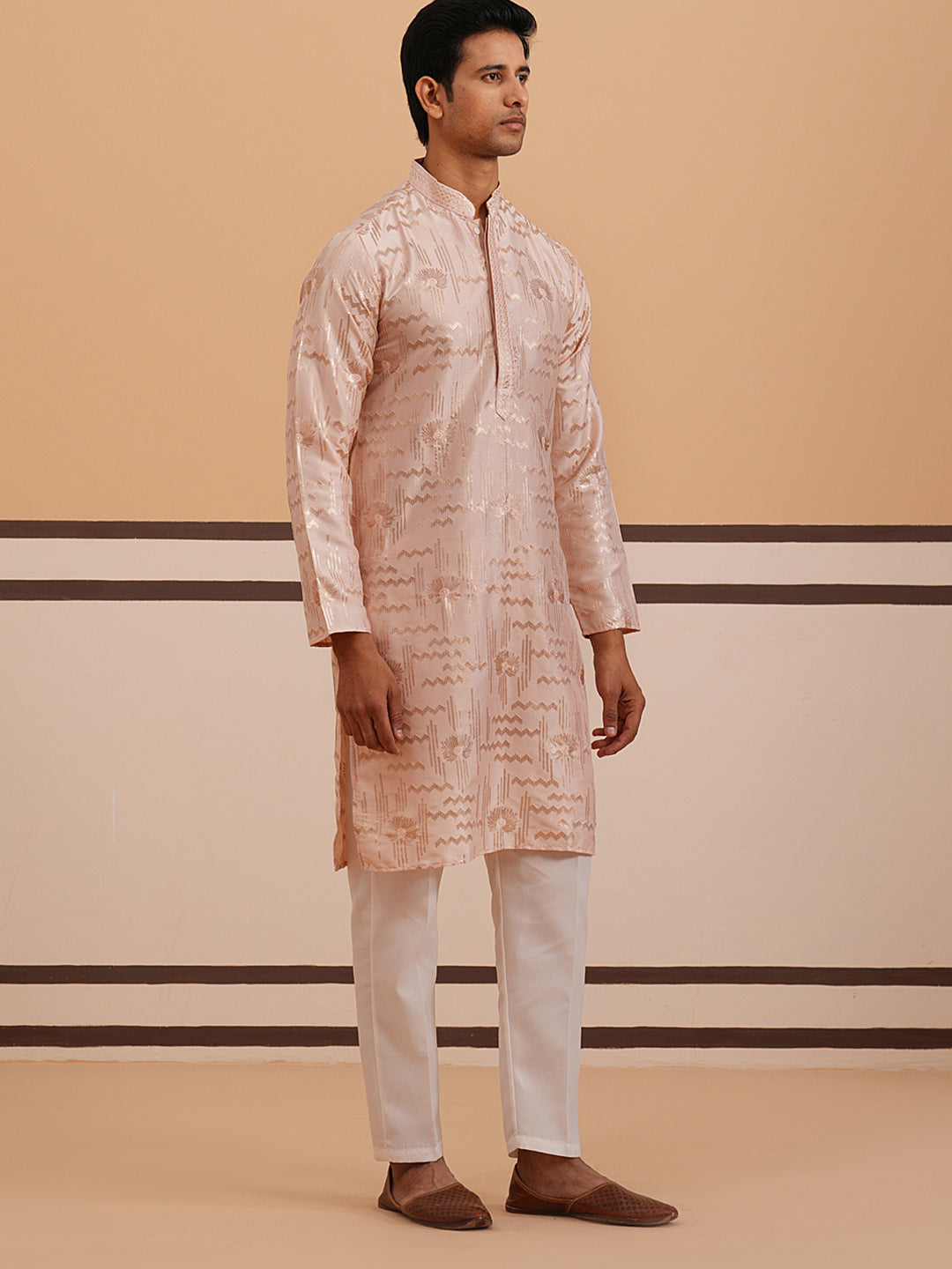 DesiQlo Men Embroidered Kurta Pyjama Set - Orange - 65KP_P_5351Peach_S