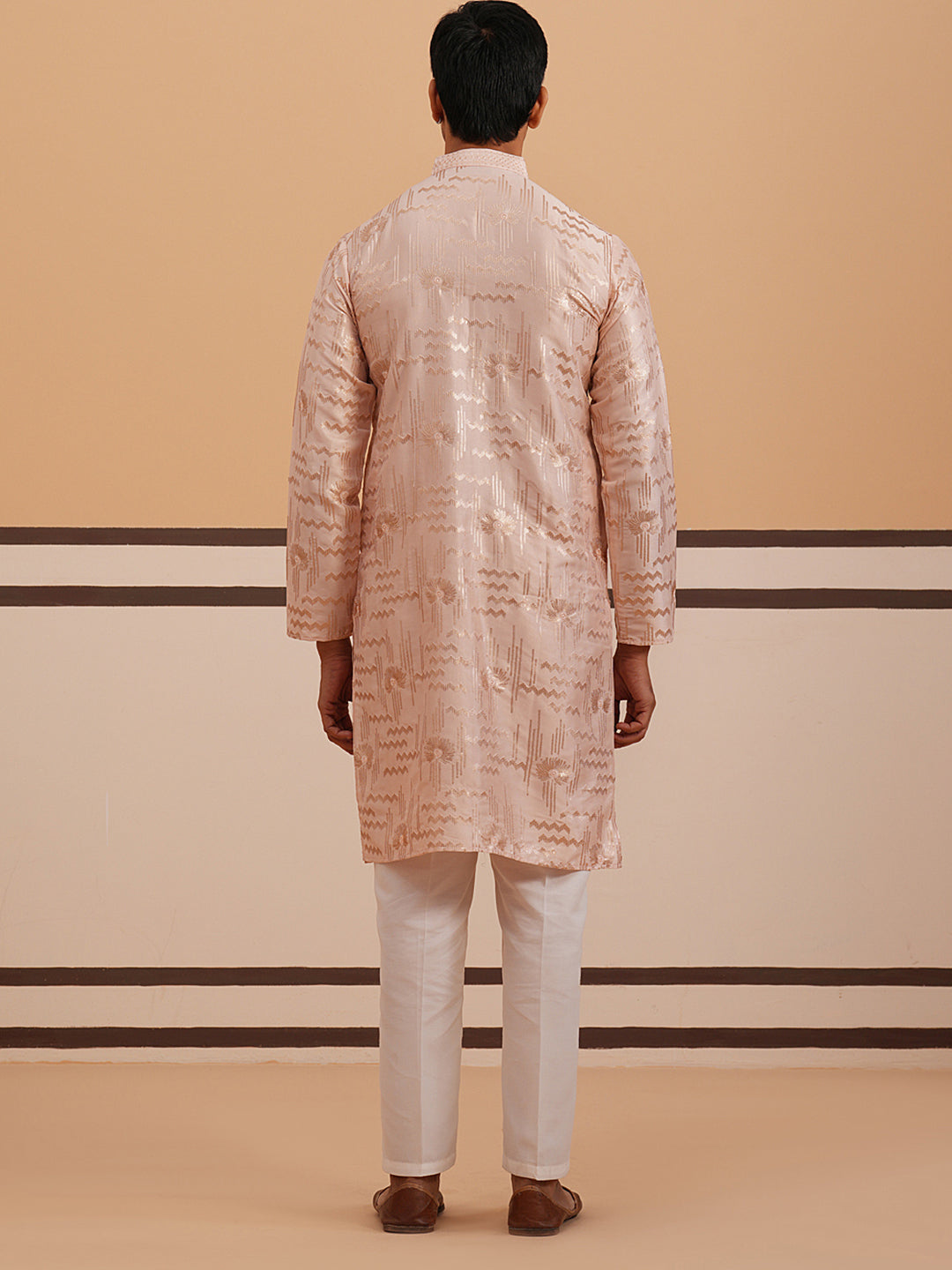 DesiQlo Men Embroidered Kurta Pyjama Set - Orange - 65KP_P_5351Peach_S