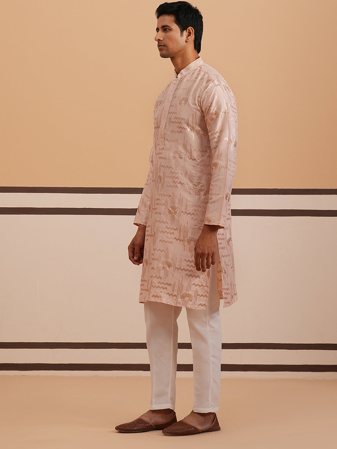 DesiQlo Men Embroidered Kurta Pyjama Set - Orange - 65KP_P_5351Peach_S