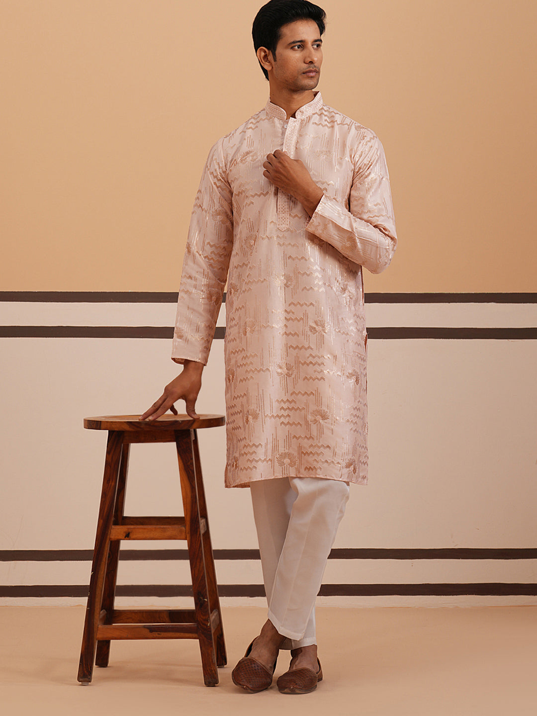 DesiQlo Men Embroidered Kurta Pyjama Set - Orange - 65KP_P_5351Peach_S