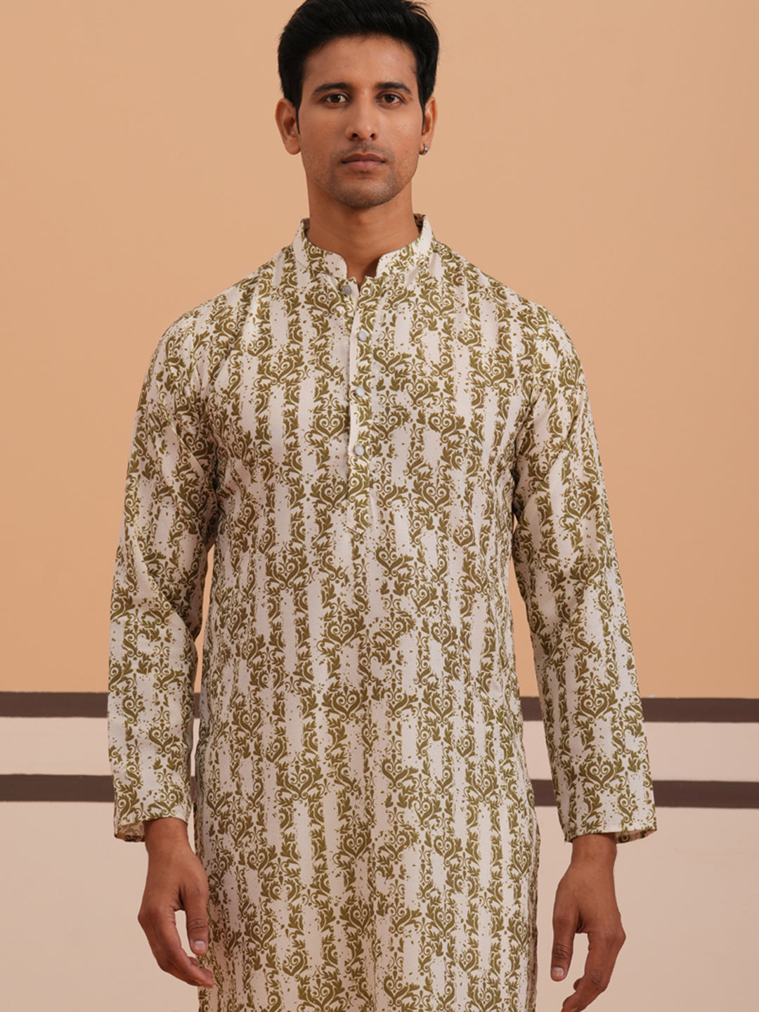 DesiQlo Men Printed Kurta Pyjama Set - Green - 65KP_P_5352Olive_S