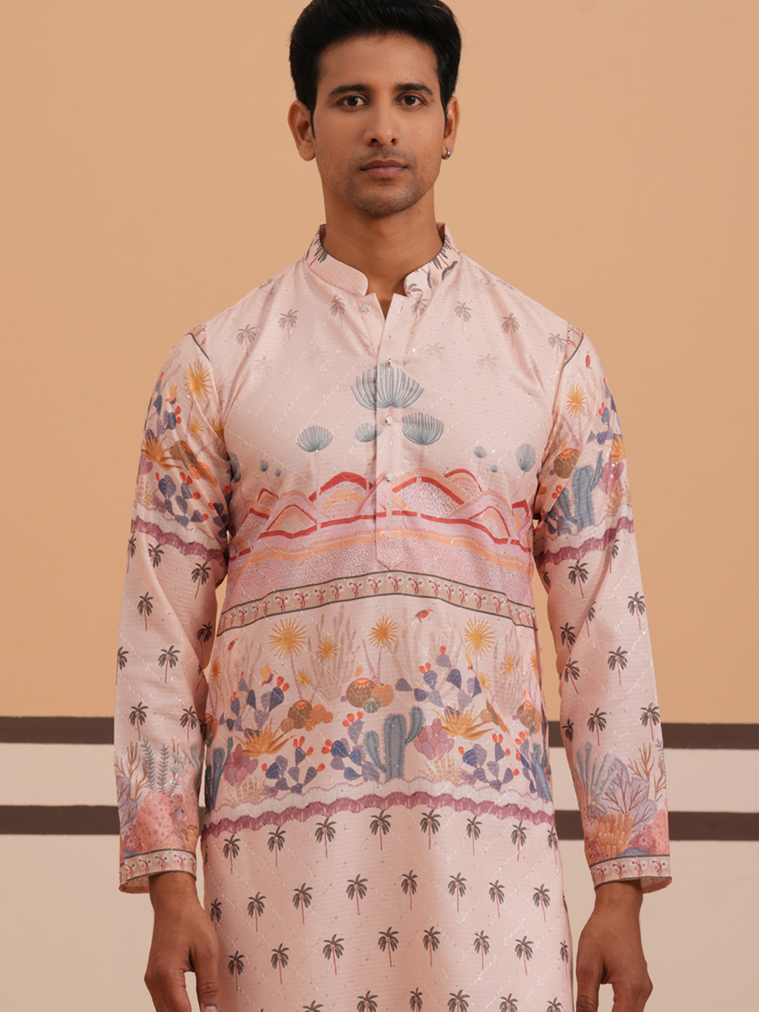 DesiQlo Men Printed Kurta Pyjama Set - Orange - 65KP_P_5353Peach_S
