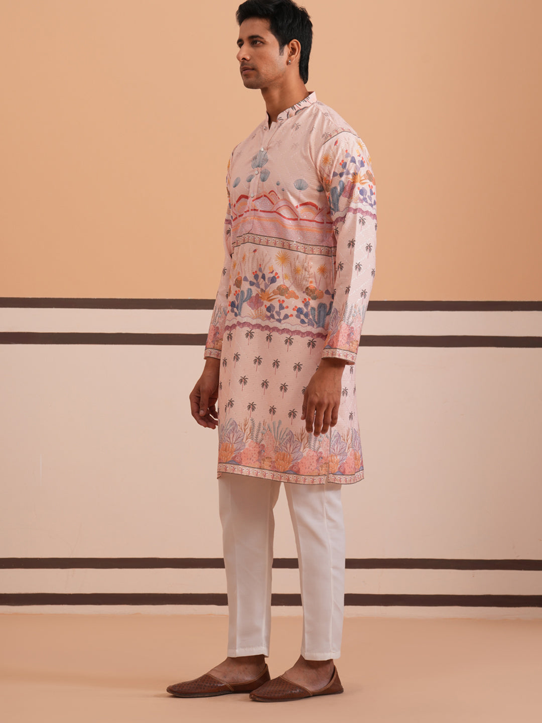 DesiQlo Men Printed Kurta Pyjama Set - Orange - 65KP_P_5353Peach_S