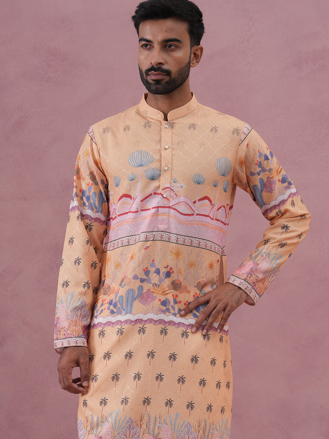DesiQlo Men Printed Kurta Pyjama Set - Yellow - 65KP_P_5353Yellow_S