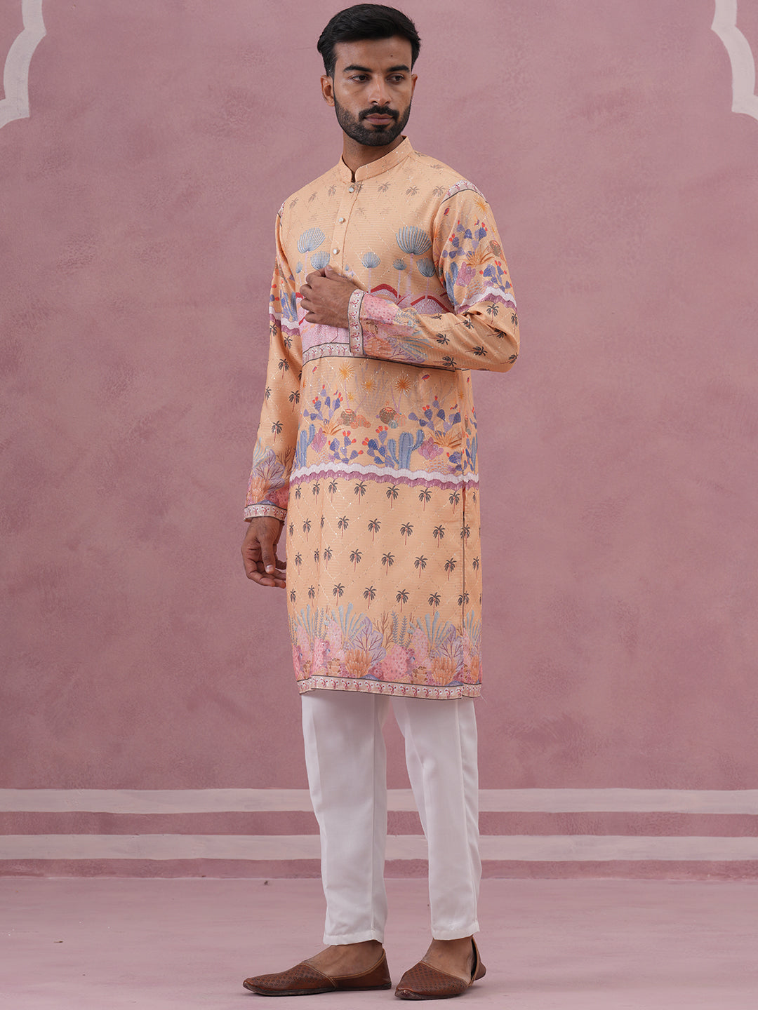 DesiQlo Men Printed Kurta Pyjama Set - Yellow - 65KP_P_5353Yellow_S