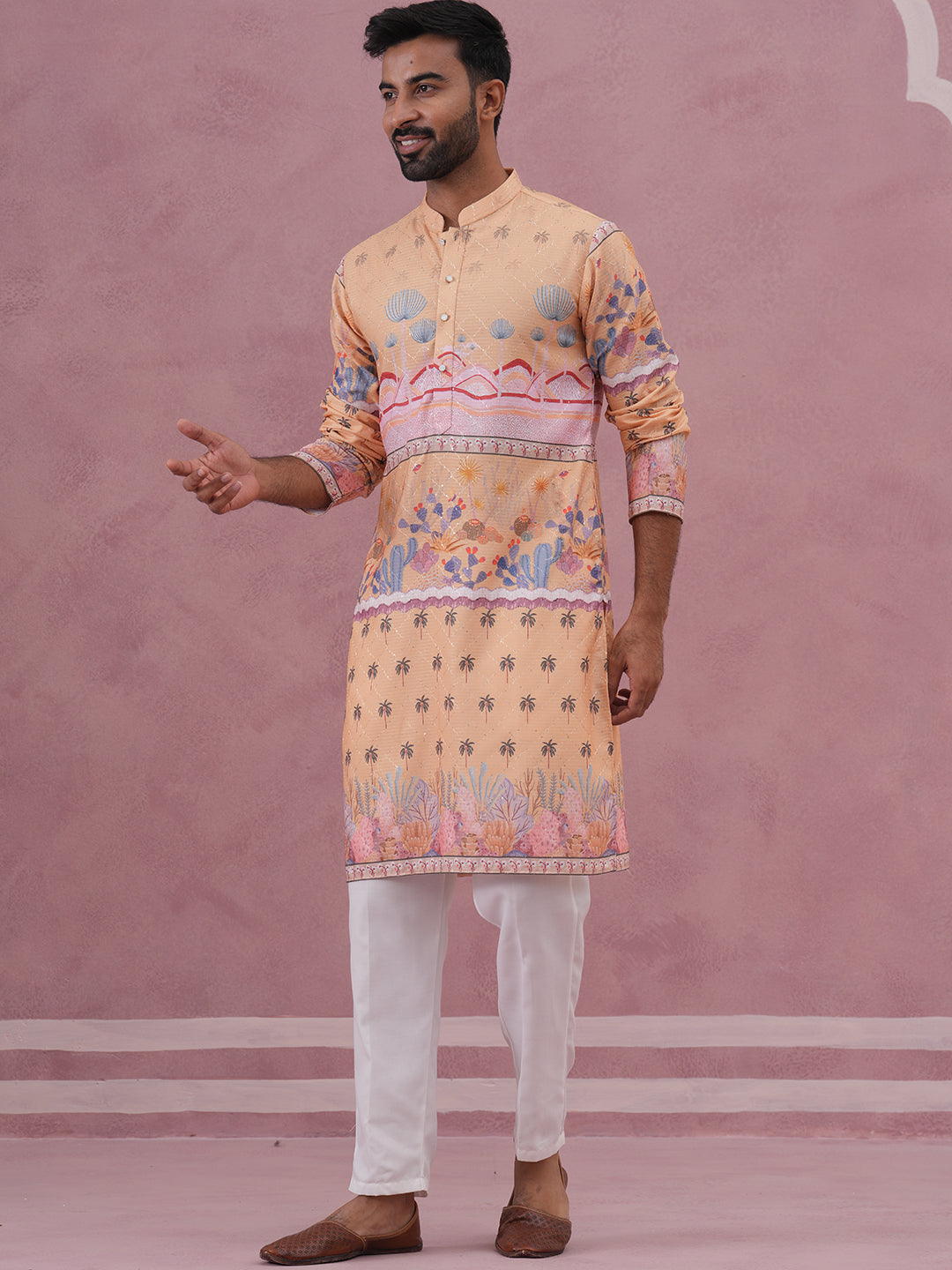 DesiQlo Men Printed Kurta Pyjama Set - Yellow - 65KP_P_5353Yellow_S