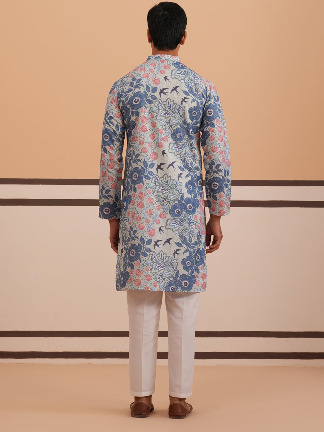DesiQlo Men Printed Kurta Pyjama Set - Blue - 65KP_P_5354Blue_S
