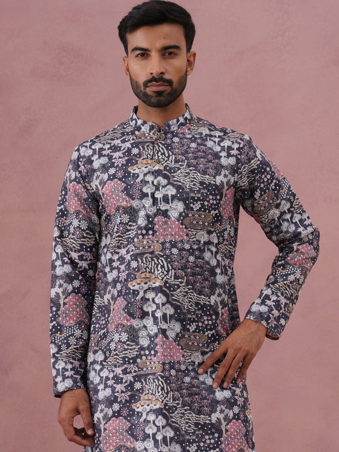 DesiQlo Men Printed Kurta Pyjama Set - Grey - 65KP_P_5354Grey_S