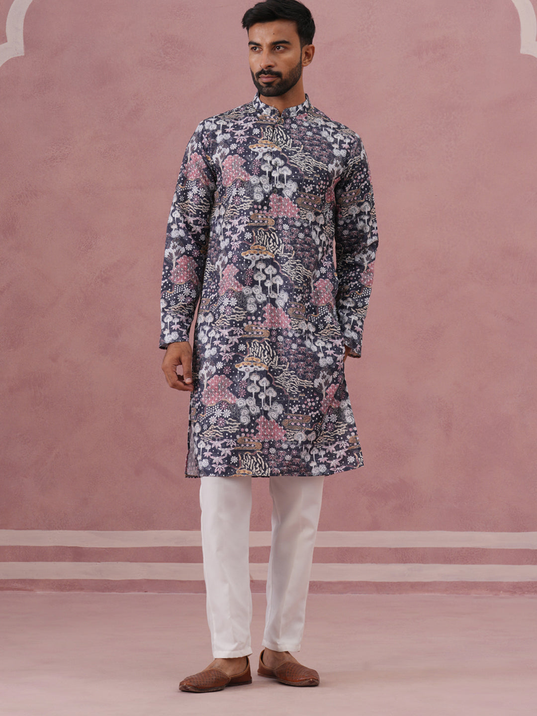 DesiQlo Men Printed Kurta Pyjama Set - Grey - 65KP_P_5354Grey_S