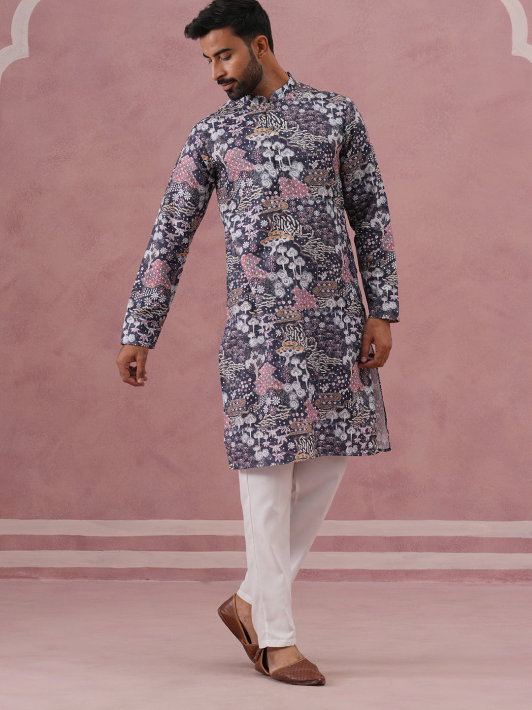 DesiQlo Men Printed Kurta Pyjama Set - Grey - 65KP_P_5354Grey_S