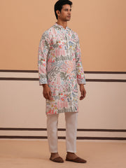 Men’s Printed Cotton Blend Kurta Pyjama (65KP P 5354 White ) [FF] [D-1]