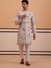 Men’s Printed Cotton Blend Kurta Pyjama (65KP P 5354 White ) [FF] [D-1]