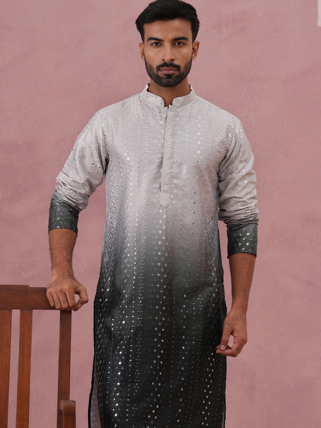 DesiQlo Men Embroidered Kurta Pyjama Set - Grey - 65KP_P_5357Grey_S