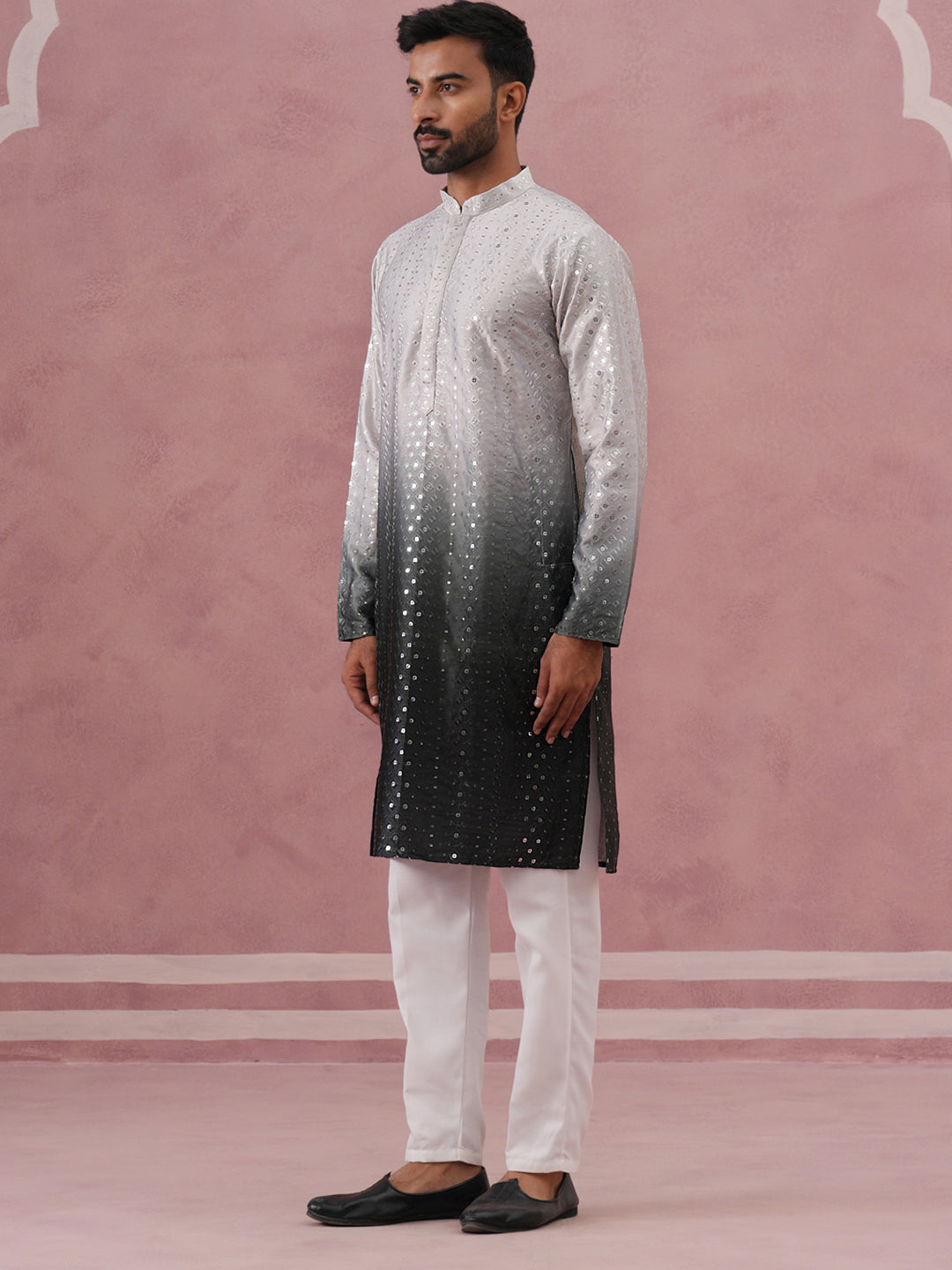 DesiQlo Men Embroidered Kurta Pyjama Set - Grey - 65KP_P_5357Grey_S