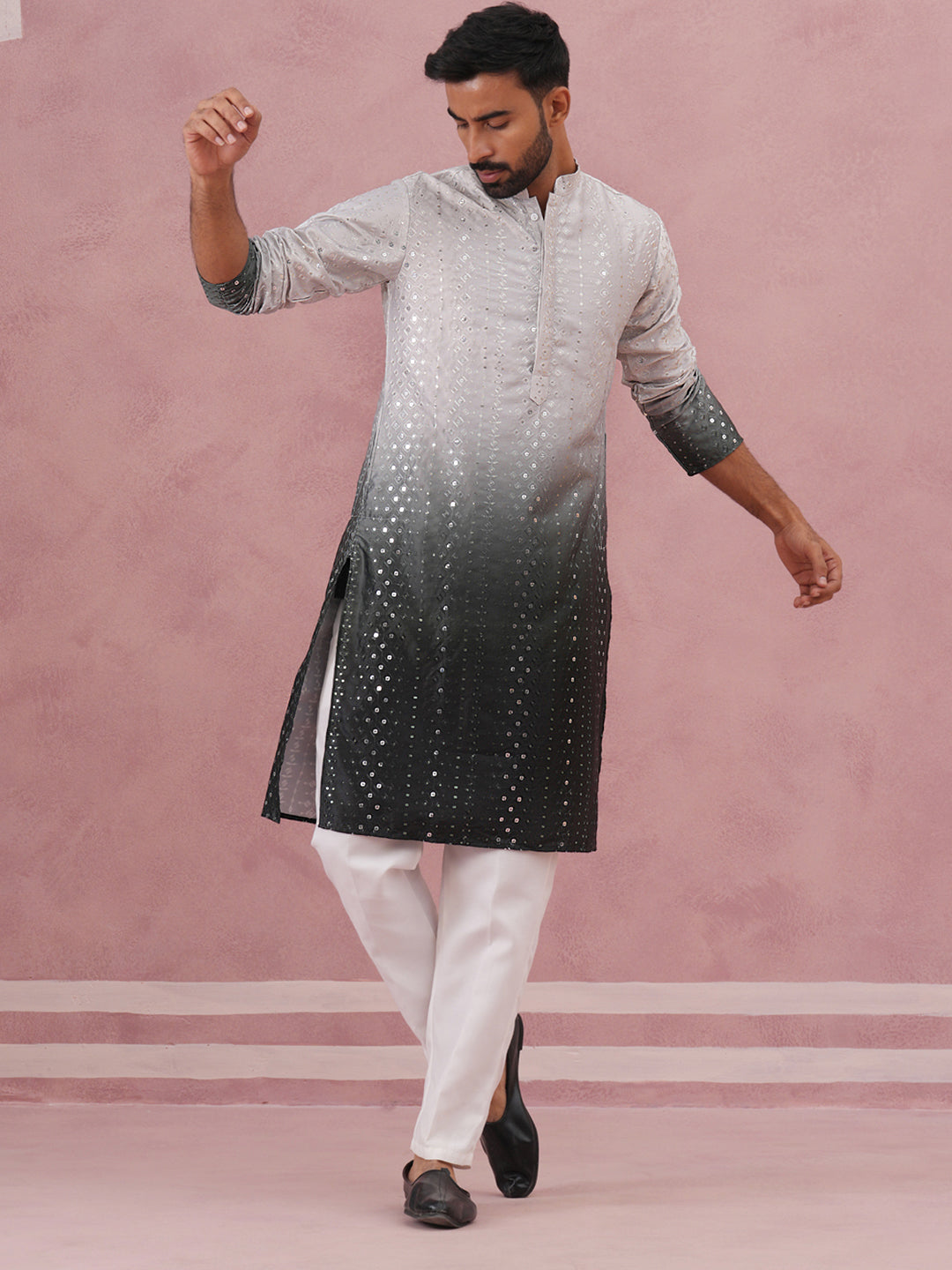 DesiQlo Men Embroidered Kurta Pyjama Set - Grey - 65KP_P_5357Grey_S