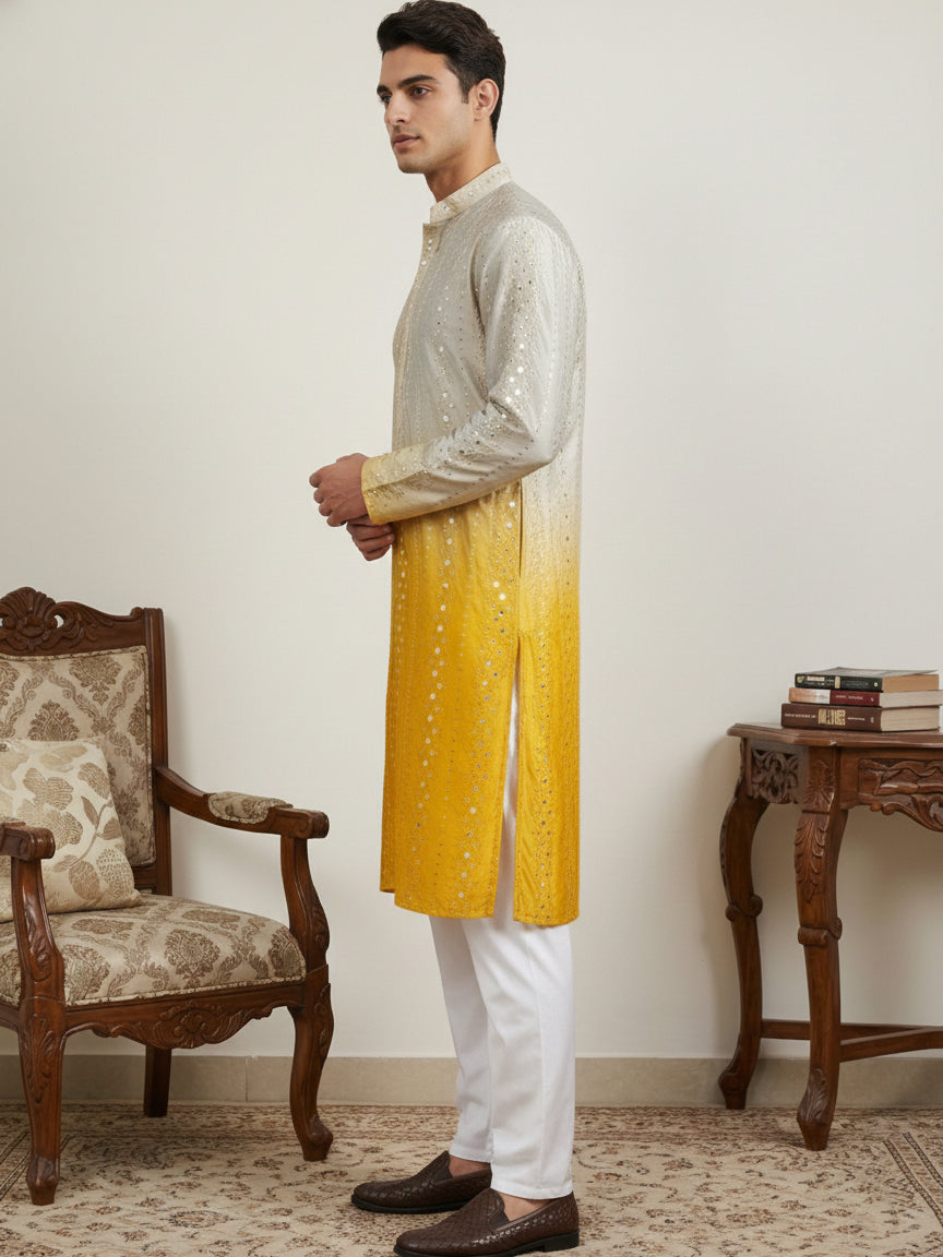 DesiQlo Men Embroidered Kurta Pyjama Set - Yellow - 65KP_P_5357Yellow_