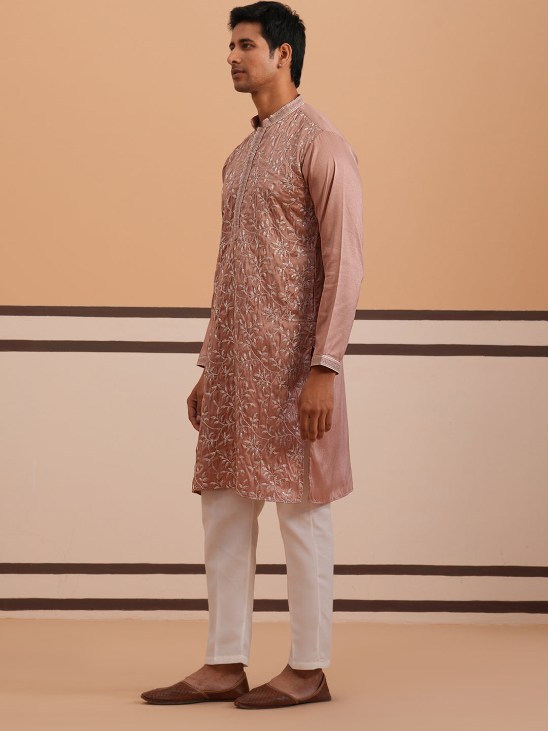 DesiQlo Men Embroidered Kurta Pyjama Set - Orange - 65KP_P_5359Peach_S