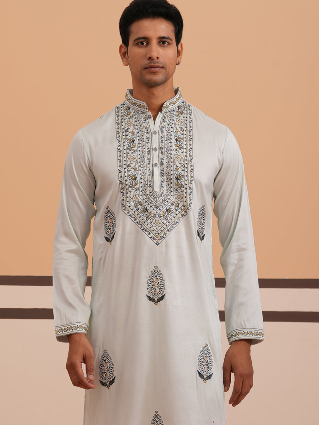 DesiQlo Men Embroidered Kurta Pyjama Set - Blue - 65KP_P_5361Blue_S