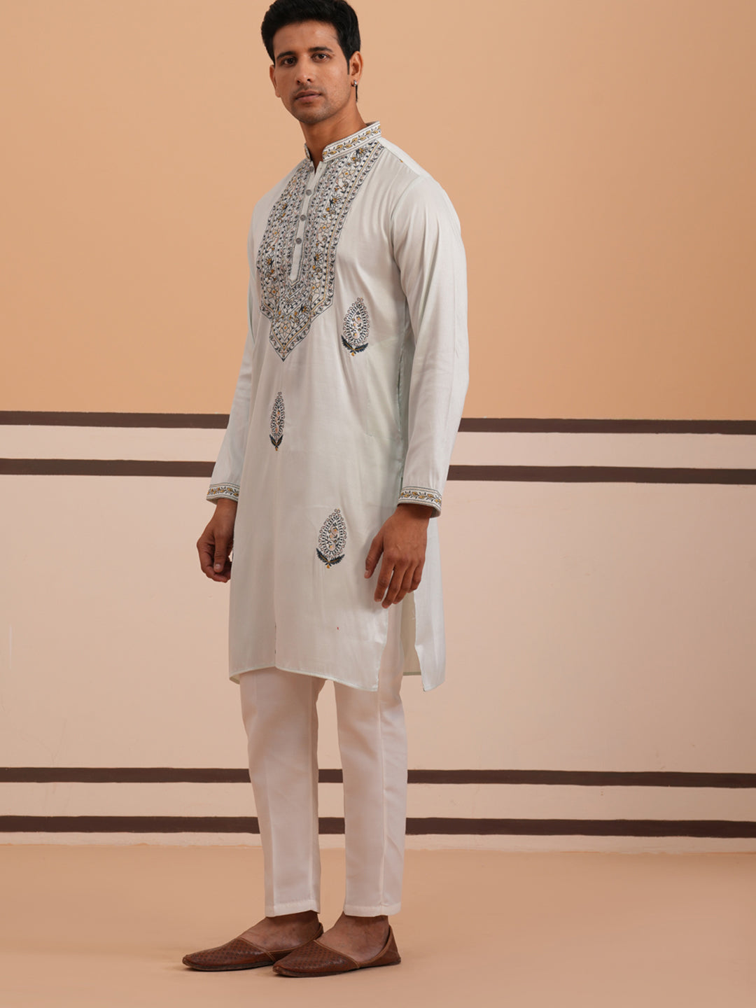DesiQlo Men Embroidered Kurta Pyjama Set - Blue - 65KP_P_5361Blue_S