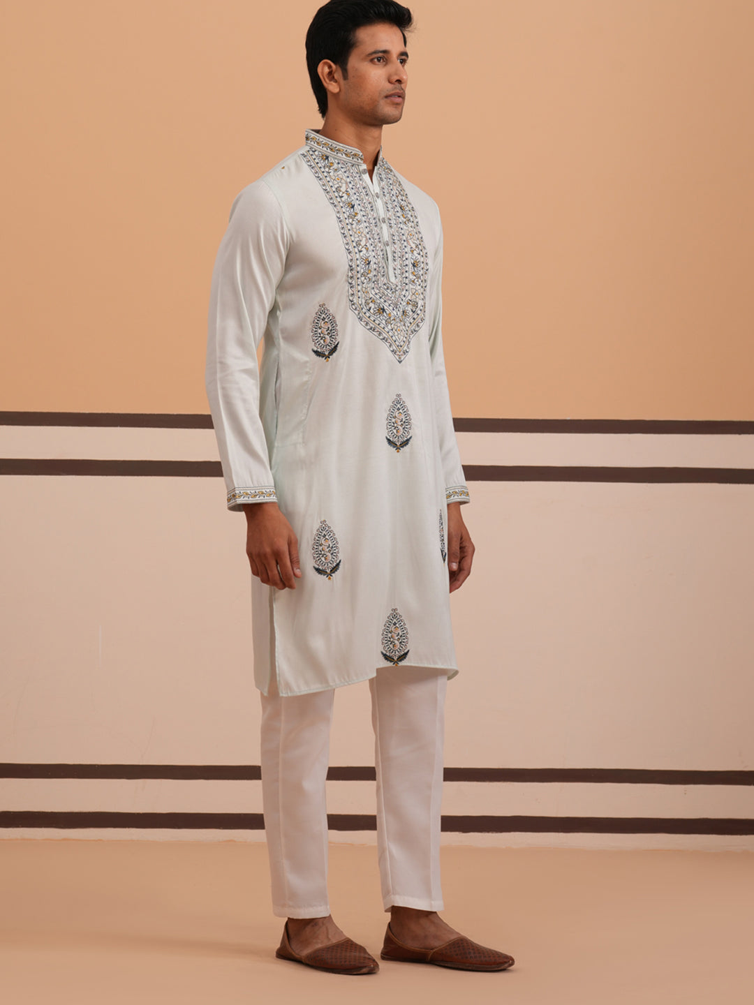 DesiQlo Men Embroidered Kurta Pyjama Set - Blue - 65KP_P_5361Blue_S