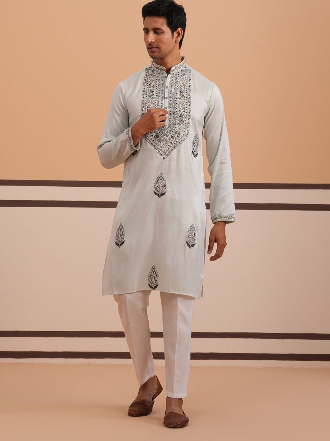 DesiQlo Men Embroidered Kurta Pyjama Set - Blue - 65KP_P_5361Blue_S