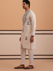 Traditional Embroidered Silk Blend Kurta Set (65KP P 5361 White ) [FF] [P-5]